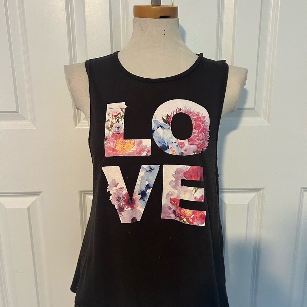 Floral Love Graphic Black Tank Top CHASER size small